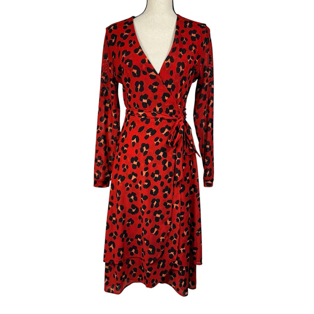 Cabi Outlet Small Siren Midi Wrap Dress Leopard Print V-Neck Stretch Long Sleeve